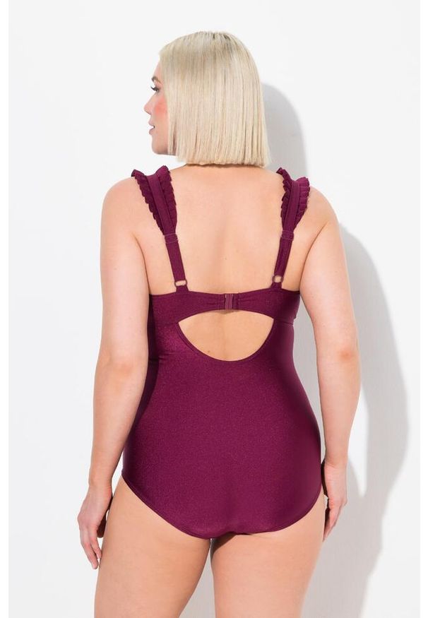 ULLA POPKEN - Damski Strój kąpielowy plisy miękkie miseczki ramiączka z regulacją. Kolekcja: plus size. Kolor: fioletowy. Materiał: elastan, poliamid, materiał