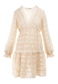 Born2be - Beżowa Sukienka Mellathe. Kolor: beżowy. Materiał: materiał, koronka. Długość rękawa: długi rękaw. Wzór: ażurowy, aplikacja. Styl: wizytowy. Długość: mini #4