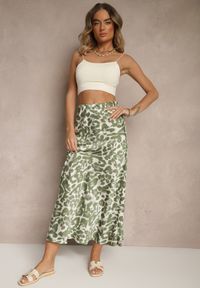 Renee - Zielono-Beżowa Panterkowa Spódnica z Wiskozy High Waist Fevirellea. Okazja: na co dzień, na spacer. Stan: podwyższony. Kolor: zielony. Materiał: wiskoza. Wzór: motyw zwierzęcy. Styl: casual, elegancki
