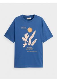 outhorn - T-shirt oversize z nadrukiem męski - niebieski. Okazja: na co dzień. Kolor: niebieski. Materiał: dzianina, bawełna. Wzór: nadruk. Styl: casual