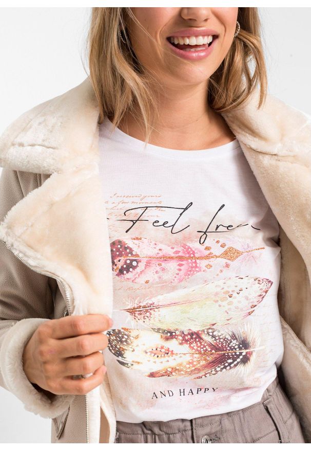 bonprix - T-shirt z nadrukiem w pióra. Kolor: biały. Wzór: nadruk. Styl: klasyczny