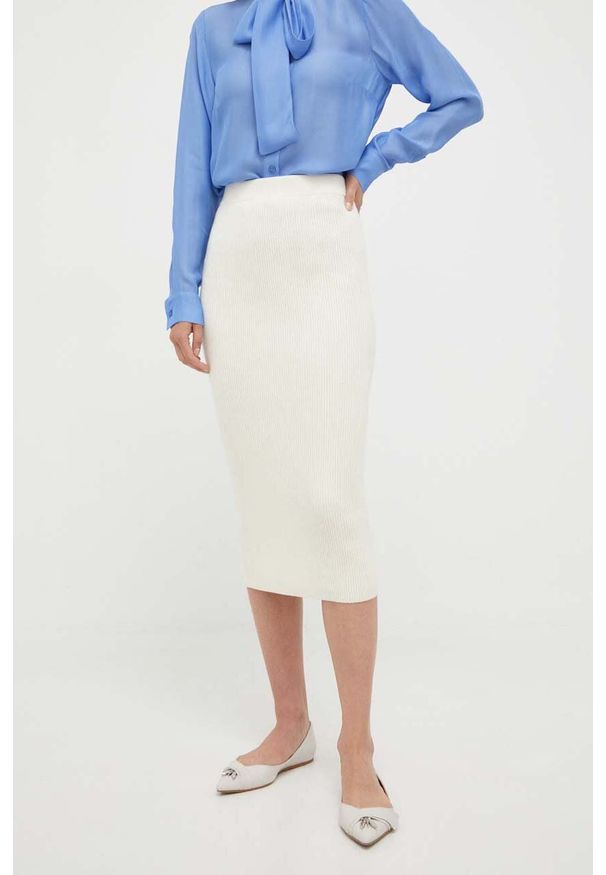 MICHAEL Michael Kors spódnica wełniana kolor beżowy midi ołówkowa. Kolor: beżowy. Materiał: wełna