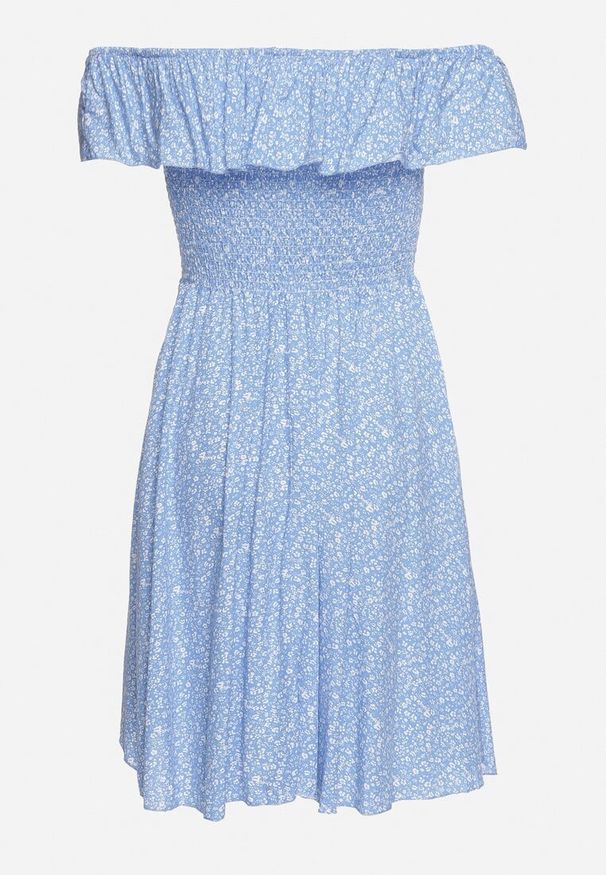 Born2be - Niebieska Bawełniana Sukienka z Hiszpańskim Dekoltem i Marszczoną Górą w Kwiaty Samorea. Okazja: na co dzień. Kolor: niebieski. Materiał: bawełna. Wzór: kwiaty. Styl: elegancki, casual