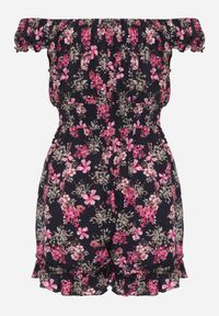 Born2be - Granatowy Kombinezon z Wiskozy Fimo. Kolor: niebieski. Materiał: wiskoza. Długość rękawa: krótki rękaw. Długość: krótkie. Wzór: aplikacja, kwiaty. Sezon: lato #7