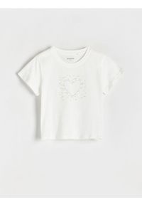 Reserved - T-shirt z aplikacją - złamana biel. Materiał: bawełna. Wzór: aplikacja #1