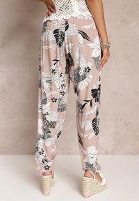 Renee - Beżowe Wiskozowe Spodnie z Gumką w Talii Gejiro. Stan: podwyższony. Kolor: beżowy. Materiał: wiskoza. Wzór: kwiaty #4