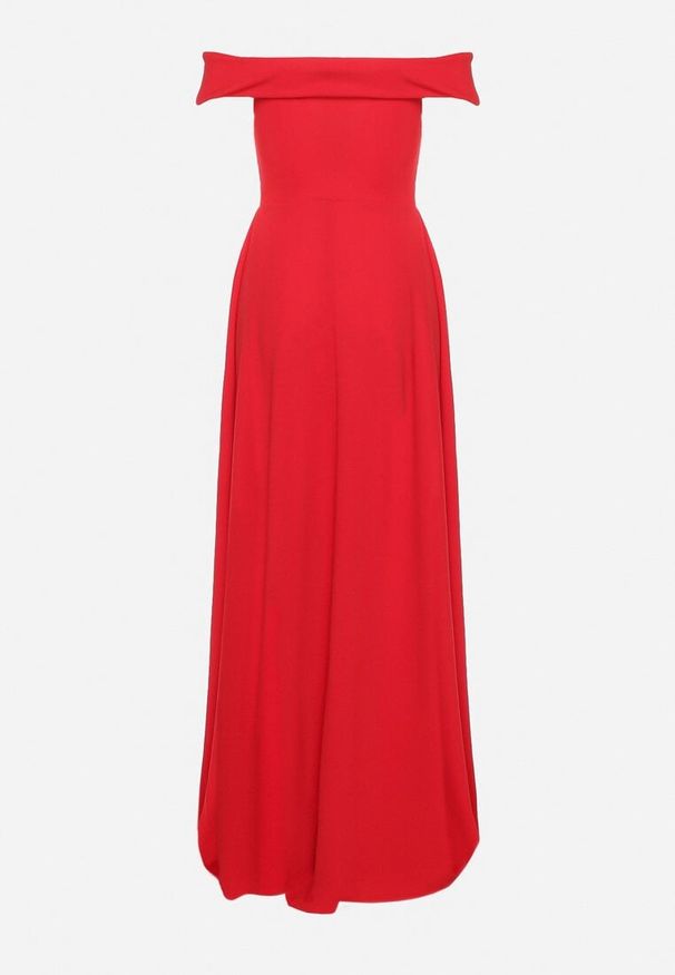 Born2be - Czerwona Koktajlowa Rozkloszowana Sukienka z Hiszpańskim Dekoltem i Rozcięciem na Nogę Gralia. Okazja: na wesele, na studniówkę, na ślub cywilny. Kolor: czerwony. Typ sukienki: rozkloszowane. Styl: wizytowy