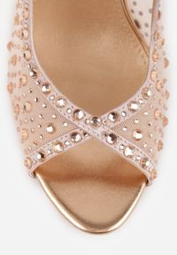 Renee - Szampańskie Siateczkowe Sandały na Szpilce VICES Ozdobione Cyroniami Amamenis. Nosek buta: otwarty. Kolor: złoty. Materiał: skóra, materiał. Wzór: aplikacja. Sezon: lato. Obcas: na szpilce. Wysokość obcasa: średni #7