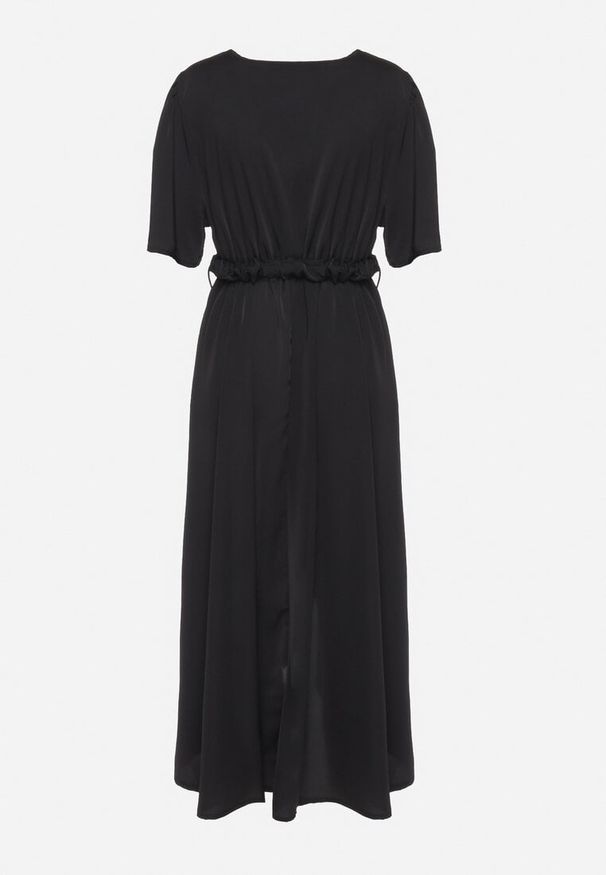 Born2be - Czarna Rozkloszowana Sukienka Kopertowa z Gumką w Talii i Ozdobnym Paskiem Vasena. Kolor: czarny. Typ sukienki: kopertowe. Styl: elegancki