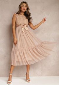Renee - Beżowa Taliowana Sukienka z Tiulową Spódnicą i Górą z Koronki Darela. Kolor: beżowy. Materiał: tiul, koronka. Wzór: koronka