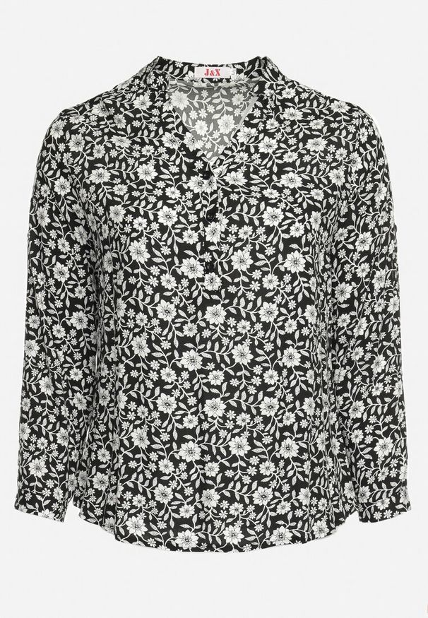 Born2be - Czarna Bluzka Koszulowa w Kwiaty z Wiskozowej Tkaniny Railen. Kolekcja: plus size. Kolor: czarny. Materiał: tkanina, wiskoza. Wzór: kwiaty