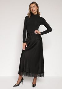 Born2be - Czarna Satynowa Spódnica z Wiskozy Ozdobiona Koronką Fedare. Okazja: na co dzień. Kolor: czarny. Materiał: wiskoza, satyna, koronka. Wzór: aplikacja, koronka. Styl: klasyczny, casual, elegancki #3