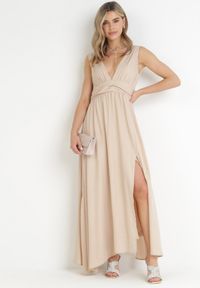 Born2be - Beżowa Rozkloszowana Sukienka na Ramiączkach Seraphineme. Kolor: beżowy. Długość rękawa: na ramiączkach. Styl: elegancki