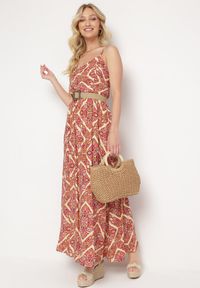 Born2be - Beżowo-Pomarańczowa Wiskozowa Sukienka na Regulowanych Ramiączkach z Gumkami w Pasie Ysilla. Okazja: na co dzień. Typ kołnierza: dekolt w kształcie V. Kolor: beżowy. Materiał: wiskoza. Długość rękawa: na ramiączkach. Sezon: lato. Styl: casual, klasyczny #4