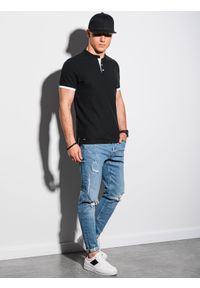 Ombre Clothing - T-shirt męski polo bez kołnierzyka - czarny V8 S1381 - L. Typ kołnierza: bez kołnierzyka, polo. Kolor: czarny. Materiał: materiał, bawełna