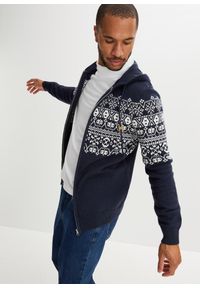 bonprix - Sweter norweski rozpinany w wygodnym fasonie, z dzianiny z bawełną. Typ kołnierza: kaptur. Kolor: niebieski. Materiał: bawełna, dzianina