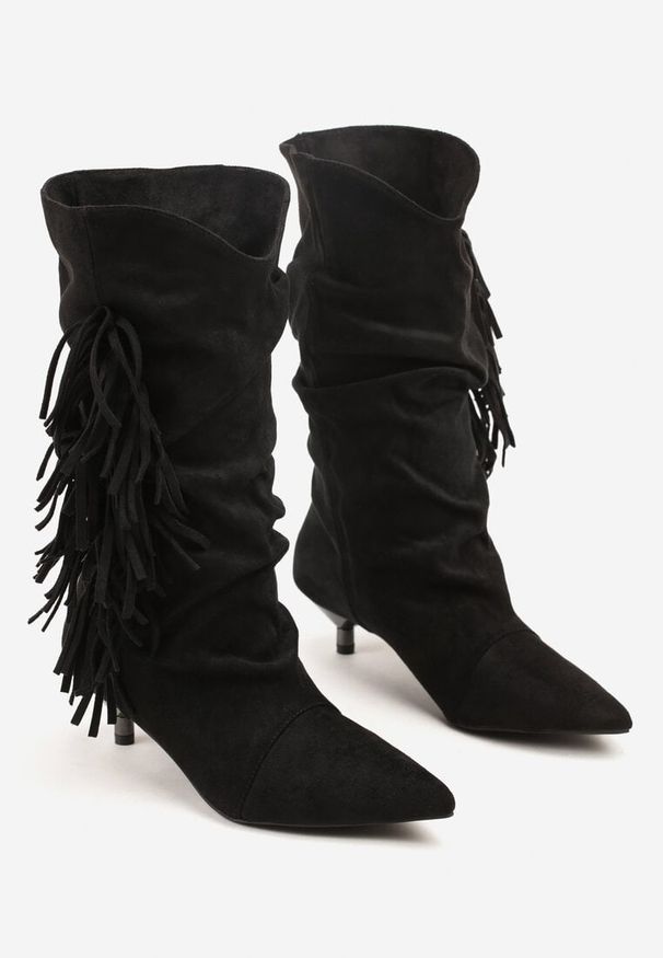 Born2be - Czarne Botki na Obcasie Typu Kaczuszka z Marszczeniem i Frędzlami Latireia. Okazja: na co dzień. Kolor: czarny. Materiał: jeans. Obcas: na obcasie. Styl: casual. Wysokość obcasa: średni