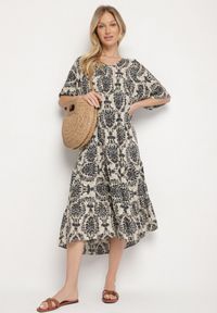 Born2be - Czarna Sukienka z Bawełną w Abstrakcyjny Wzór Filindela. Okazja: na spacer, na co dzień. Kolor: czarny. Materiał: bawełna. Wzór: aplikacja. Styl: elegancki, casual, klasyczny #7