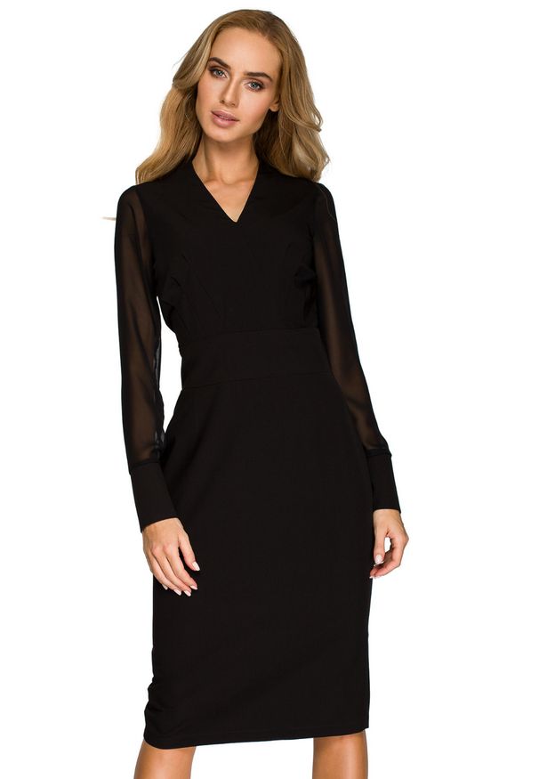 Style - Elegancka koktajlowa sukienka z szyfonowymi rękawami. Typ kołnierza: dekolt w kształcie V. Materiał: szyfon. Styl: wizytowy, elegancki