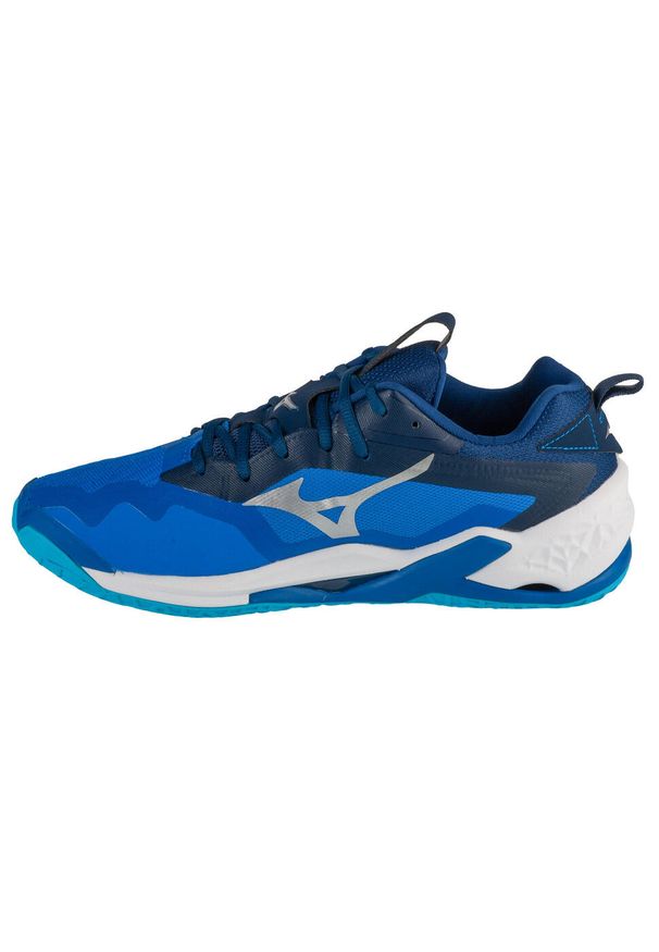Buty halowe Mizuno Wave Stealth Neo. Kolor: biały, niebieski, wielokolorowy. Materiał: syntetyk, materiał. Szerokość cholewki: normalna. Model: Mizuno Wave