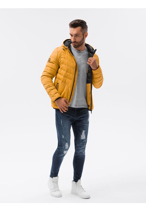 Ombre Clothing - Kurtka męska puchowa pikowana C356 - żółta - XXL. Okazja: na co dzień. Typ kołnierza: kaptur. Kolor: żółty. Materiał: puch. Styl: casual