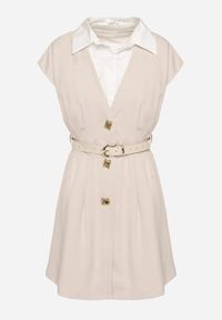 Born2be - Jasnobeżowa Wiskozowa Sukienka Rozkloszowana z Koszulowym Kołnierzykiem i Paskiem Aluella. Okazja: na co dzień, na spotkanie biznesowe. Typ kołnierza: kołnierzyk koszulowy. Kolor: beżowy. Materiał: wiskoza. Długość rękawa: krótki rękaw. Typ sukienki: koszulowe. Styl: biznesowy, casual, elegancki #2