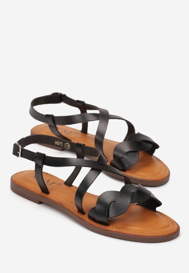 Renee - Czarne Sandały z Ekoskóry i Plecionymi Paskami Girona. Okazja: na co dzień. Zapięcie: pasek. Kolor: czarny. Sezon: lato. Styl: casual