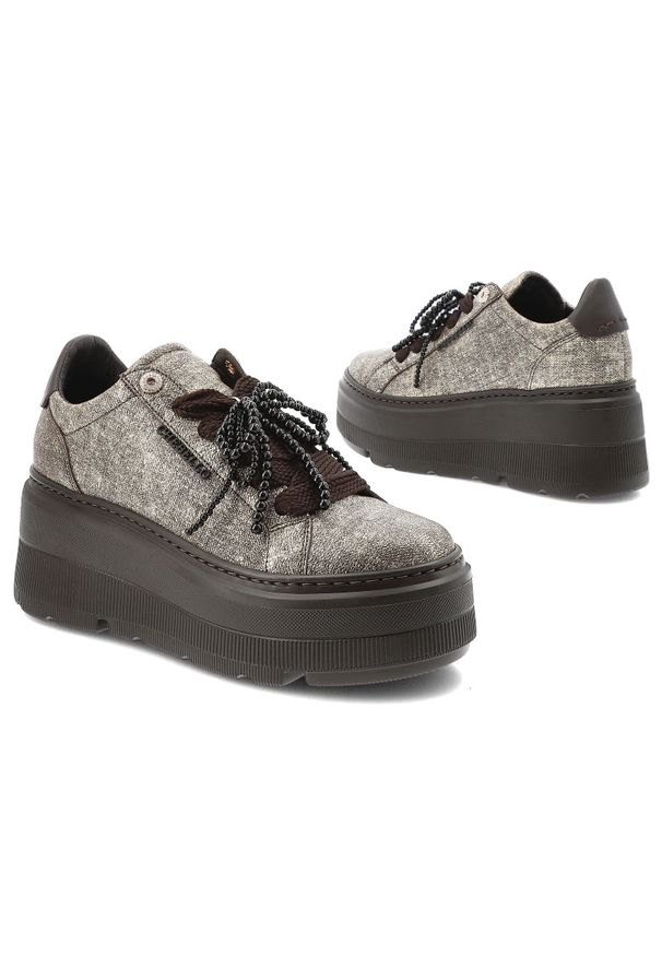 CheBello - Brązowe Sneakersy Chebello Eleganckie Obuwie Damskie. Okazja: na co dzień. Zapięcie: sznurówki. Kolor: brązowy. Szerokość cholewki: normalna. Wzór: aplikacja. Obcas: na platformie. Styl: elegancki