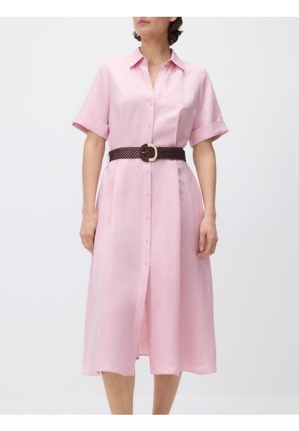 Reserved - Sukienka midi z lnem - pastelowy róż. Kolor: różowy. Materiał: len. Długość: midi