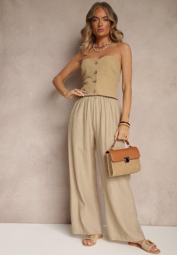 Renee - Ciemnobeżowe Wiskozowe Spodnie Palazzo High Waist z Lnem Linaselia. Okazja: na co dzień. Stan: podwyższony. Kolor: beżowy. Materiał: len, wiskoza. Styl: elegancki, casual