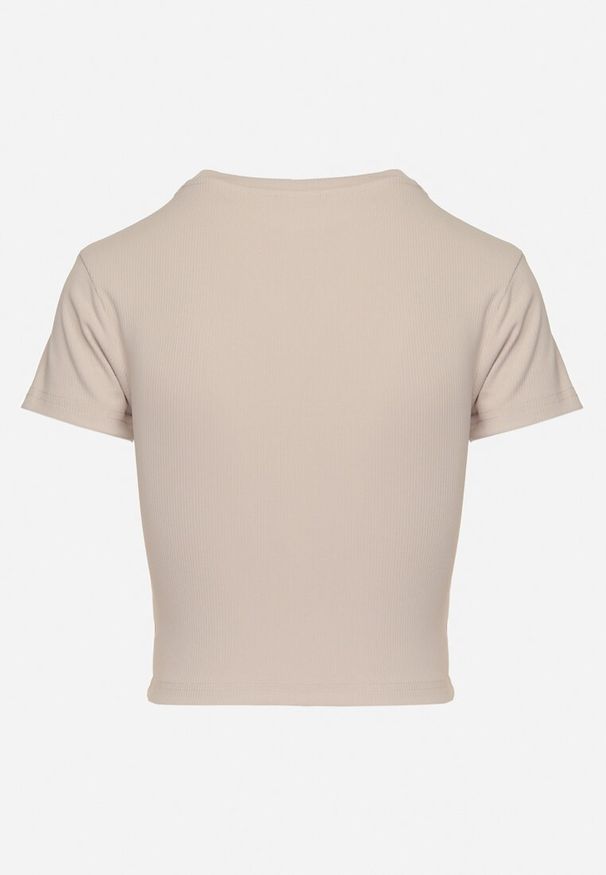 Born2be - Beżowy T-shirt z Prążkowanego Materiału o Krótkim Kroju Telunna. Okazja: na co dzień, na spotkanie biznesowe. Kolor: beżowy. Materiał: materiał, prążkowany. Długość: krótkie. Styl: biznesowy, klasyczny, elegancki, casual