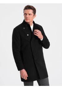 Ombre Clothing - Płaszcz męski z asymetrycznym zapięciem - czarny V2 - Rozmiar: L. Kolor: czarny. Materiał: wiskoza, poliester