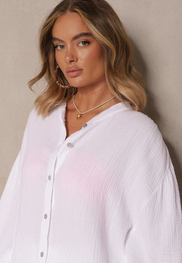 Renee - Biały Bawełniany Komplet Muślinowy Oversize z Koszulą i Szerokimi Spodniami Ziorina. Kolor: biały. Materiał: bawełna. Wzór: aplikacja
