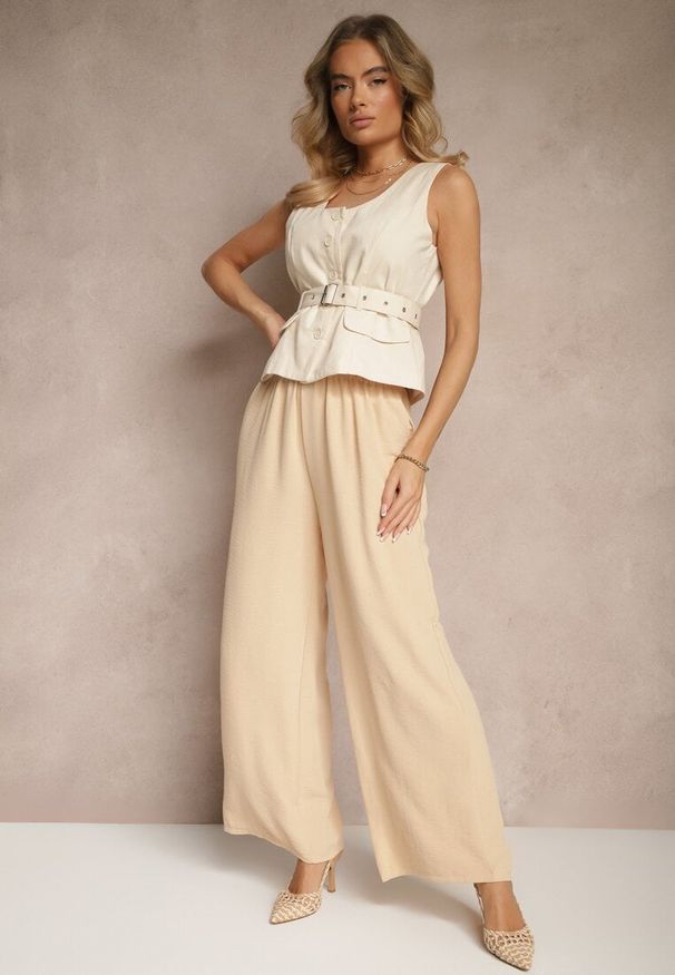 Renee - Beżowe Szerokie Spodnie Typu Palazzo High Waist Araneira. Okazja: na co dzień, na spotkanie biznesowe, na spacer. Stan: podwyższony. Kolor: beżowy. Styl: biznesowy, elegancki, casual