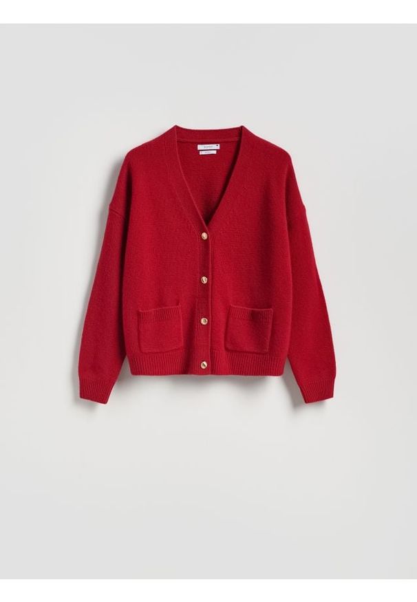 Reserved - Wełniany kardigan - czerwony. Kolor: czerwony. Materiał: wełna