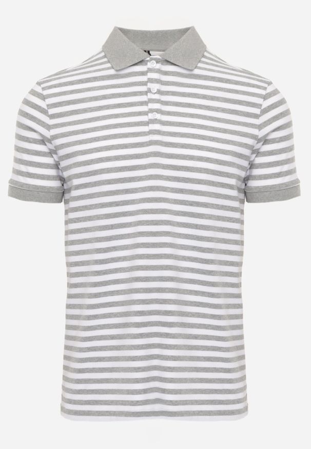 Born2be - Szara Bawełniana Koszulka Polo w Paski w Stylu Casual Elunilla. Okazja: na co dzień. Typ kołnierza: polo. Kolor: szary. Materiał: bawełna. Wzór: paski. Styl: casual