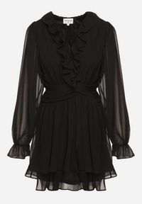 Born2be - Czarna Rozkloszowana Sukienka z Falbankami i Siateczkowymi Rękawami Zennisa. Okazja: do pracy, na spotkanie biznesowe, na imprezę. Typ kołnierza: kołnierz z falbankami. Kolor: czarny. Materiał: poliester. Typ sukienki: rozkloszowane. Styl: biznesowy, klasyczny #7