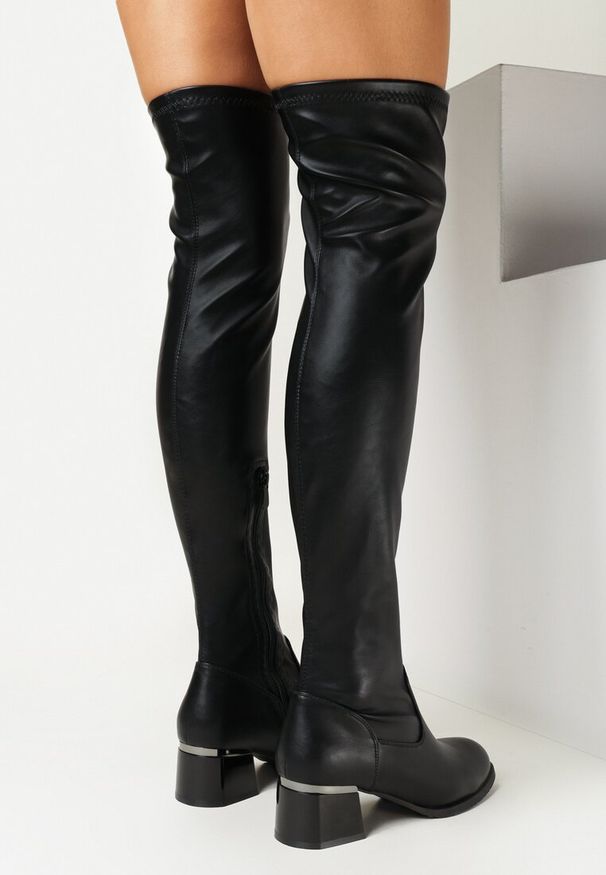 Born2be - Czarne Kozaki za Kolano na Niskim Słupku Rinata. Wysokość cholewki: za kolano. Kolor: czarny. Obcas: na słupku. Styl: wizytowy