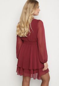 Born2be - Bordowa Rozkloszowana Sukienka Siateczkowa z Bufiastymi Rękawami Isovana. Okazja: na co dzień. Kolor: czerwony. Styl: casual, elegancki #2