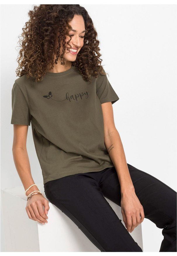 bonprix - T-shirt z czystej bawełny. Kolor: zielony. Materiał: bawełna. Wzór: nadruk