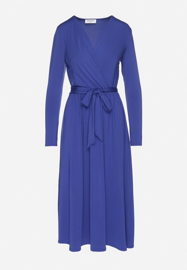 Born2be - Niebieska Sukienka Kopertowa z Wiskozą Wiązana w Talii Drestalia. Okazja: na co dzień. Typ kołnierza: dekolt w kształcie V. Kolor: niebieski. Materiał: wiskoza. Długość rękawa: długi rękaw. Typ sukienki: kopertowe. Styl: casual, klasyczny