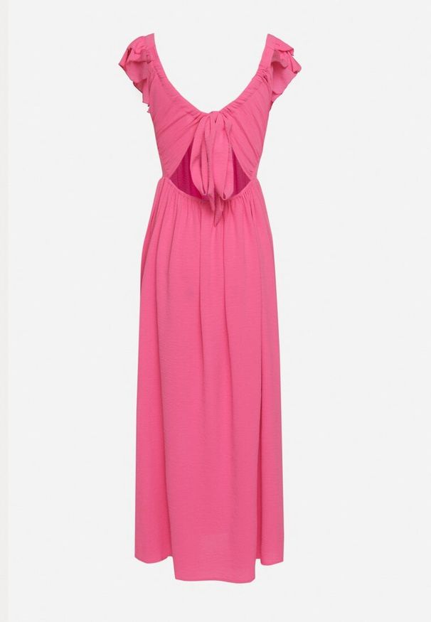 Born2be - Różowa Koktajlowa Sukienka na Ramiączkach z Falbanką i Gumką z Tyłu oraz Rozcięciami Vimareina. Okazja: na co dzień. Kolor: różowy. Materiał: jeans. Długość rękawa: na ramiączkach. Styl: wizytowy