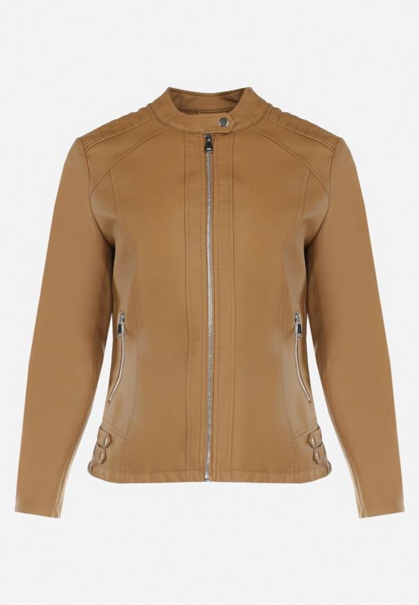 Born2be - Brązowa Kurtka Ramoneska z Ekoskóry z Ozdobnymi Paskami na Napy Bellassa. Typ kołnierza: kołnierzyk stójkowy. Kolekcja: plus size. Kolor: brązowy. Wzór: paski