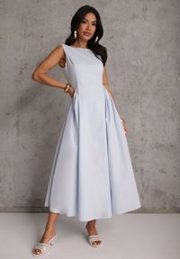 Renee - Jasnoniebieska Rozkloszowana Sukienka Koktajlowa z Bawełny z Dekoltem Łódką i Kieszeniami Fanilra. Okazja: na studniówkę, na ślub cywilny, na wesele. Typ kołnierza: dekolt w łódkę. Kolor: niebieski. Materiał: bawełna. Styl: wizytowy #2