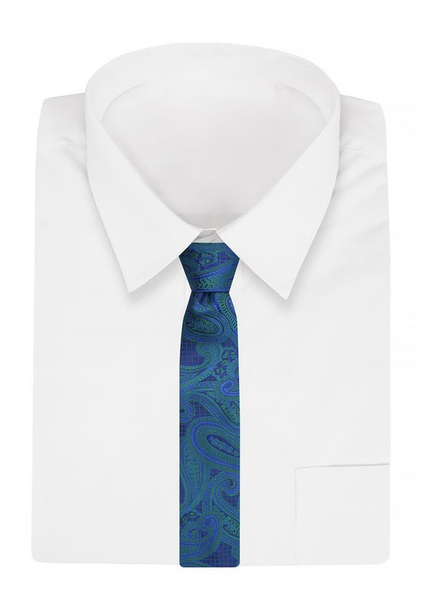 Krawat Alties (7 cm) - Niebieski z Zielonymi Akcentami. Kolor: niebieski. Materiał: tkanina. Styl: wizytowy, elegancki