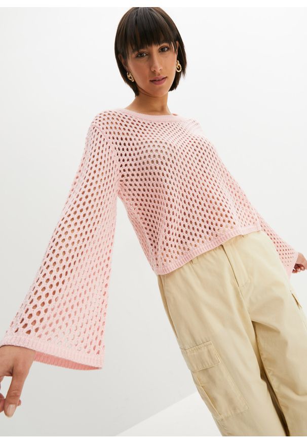 bonprix - Sweter. Kolor: różowy. Wzór: ażurowy