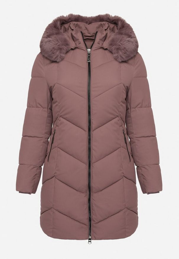 Born2be - Ciemnofioletowa Kurtka Pikowana z Ozdobnymi Przeszyciami Ozdobiona Futerkiem Sarittia. Okazja: na co dzień, na spacer. Kolor: fioletowy. Materiał: futro. Wzór: aplikacja. Sezon: zima. Styl: elegancki, klasyczny, casual