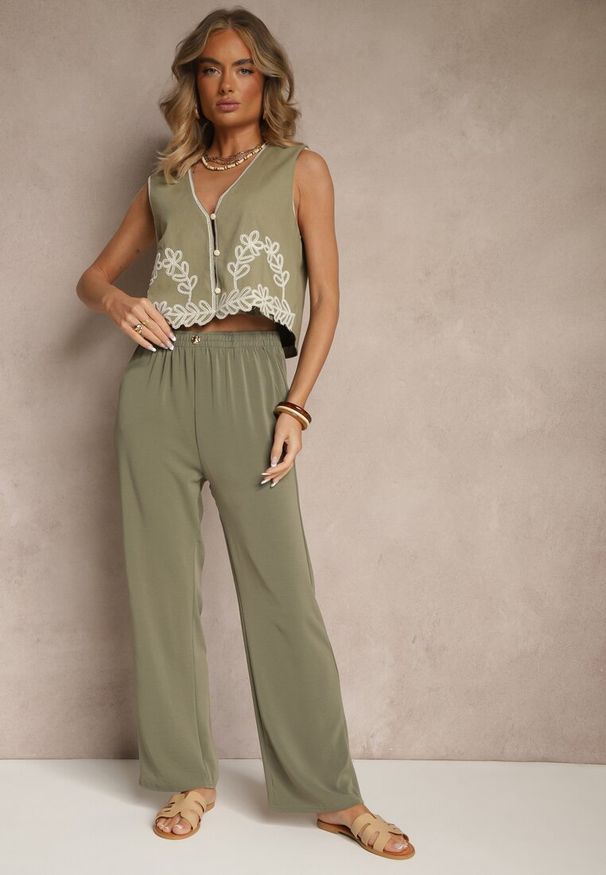 Renee - Zielone Wiskozowe Spodnie High Waist o Prostym Fasonie Saliella. Okazja: na co dzień. Stan: podwyższony. Kolor: zielony. Materiał: wiskoza. Sezon: lato, wiosna. Styl: elegancki, casual