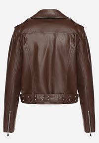 Born2be - Brązowa Kurtka Ramoneska z Paskiem z Klamrą Ralvila. Okazja: na co dzień. Kolor: brązowy. Materiał: materiał, wiskoza, jeans. Długość rękawa: długi rękaw. Długość: długie. Styl: casual, rockowy, elegancki #7