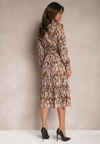 Renee - Brązowa Sukienka Midi z Gumką w Pasie i Wiązaniem Zercella. Kolor: brązowy. Materiał: tkanina, wiskoza. Długość rękawa: długi rękaw. Wzór: nadruk. Długość: midi #3